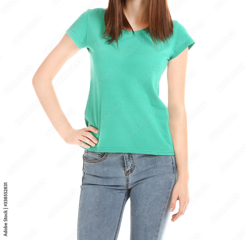 Woman in stylish t-shirt on white background