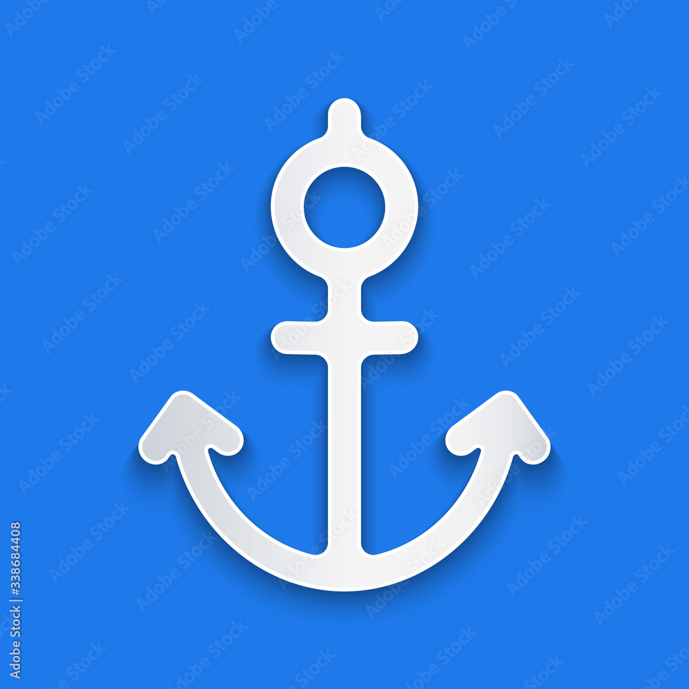 Paper cut Anchor icon isolated on blue background. Paper art style. Vector Illustration