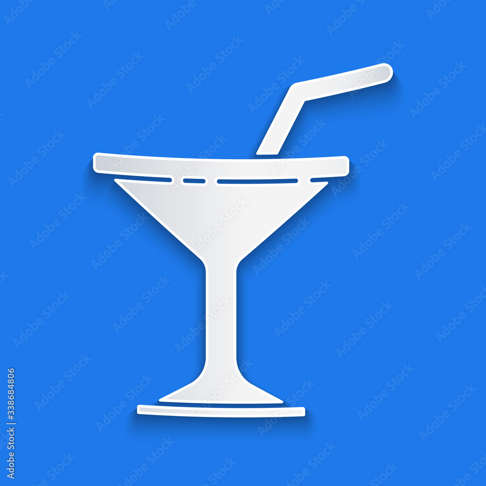 Paper cut Martini glass icon isolated on blue background. Cocktail icon. Wine glass icon. Paper art 