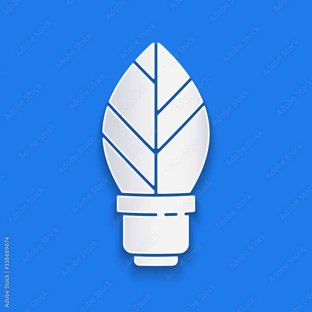 Paper cut Light bulb with leaf icon isolated on blue background. Eco energy concept. Alternative ene