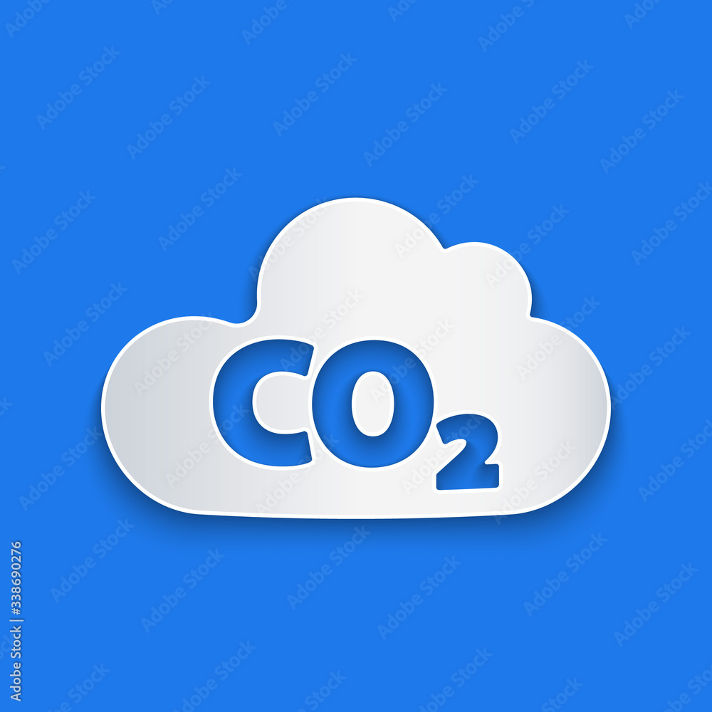 Paper cut CO2 emissions in cloud icon isolated on blue background. Carbon dioxide formula, smog poll