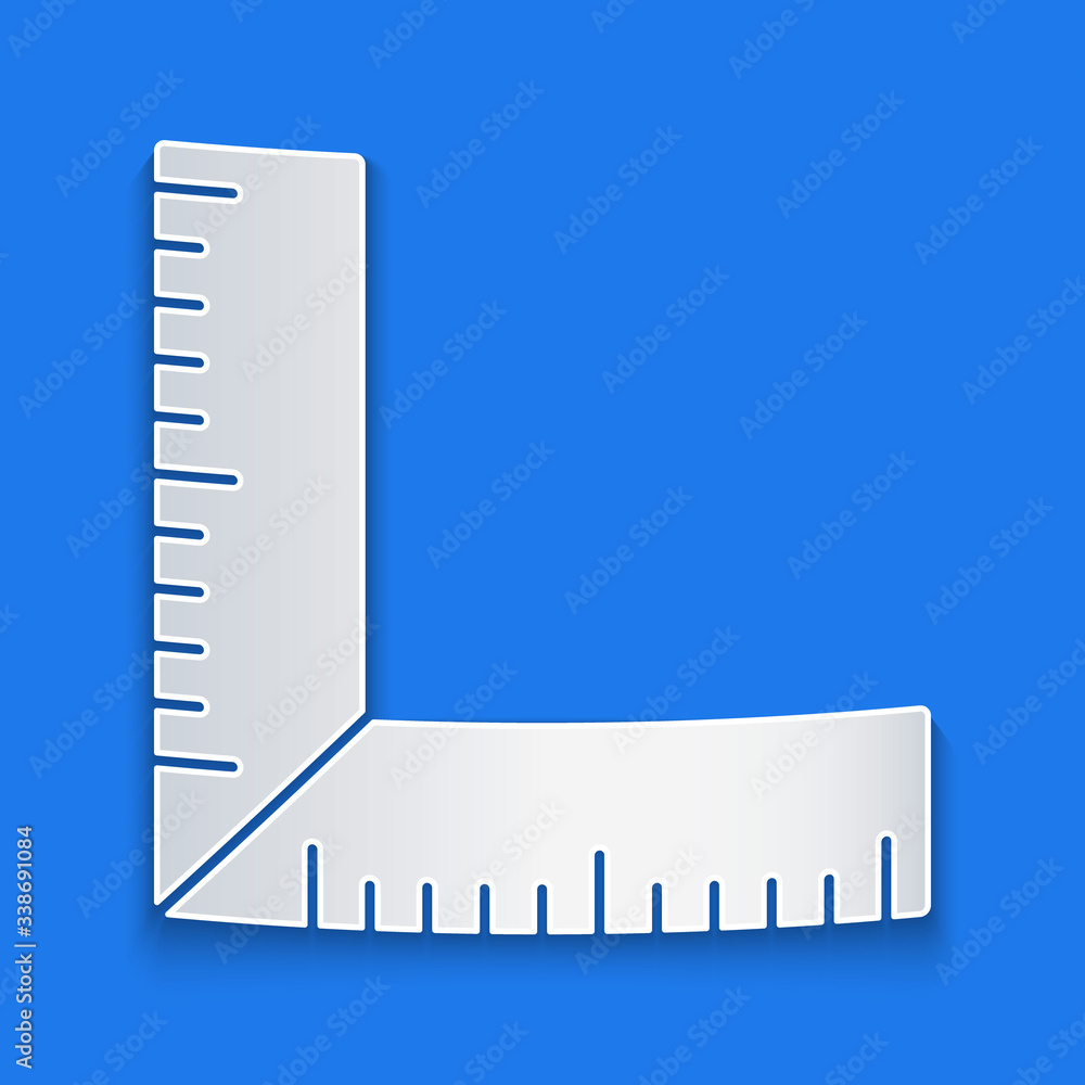 Paper cut Corner ruler icon isolated on blue background. Setsquare, angle ruler, carpentry, measurin