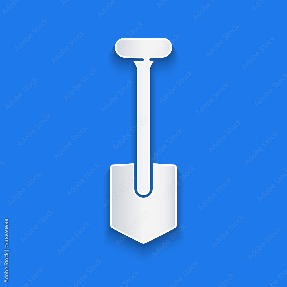 Paper cut Shovel icon isolated on blue background. Gardening tool. Tool for horticulture, agricultur