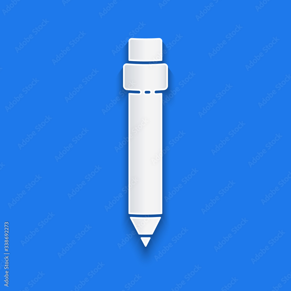 Paper cut Pencil with eraser icon isolated on blue background. Drawing and educational tools. School