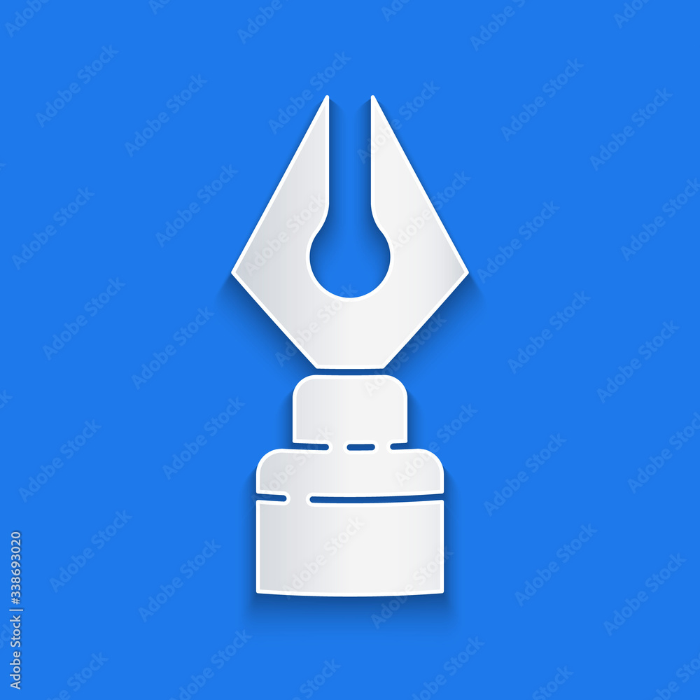 Paper cut Fountain pen nib icon isolated on blue background. Pen tool sign. Paper art style. Vector 