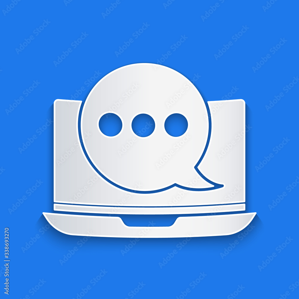 Paper cut New chat messages notification on laptop icon isolated on blue background. Smartphone chat