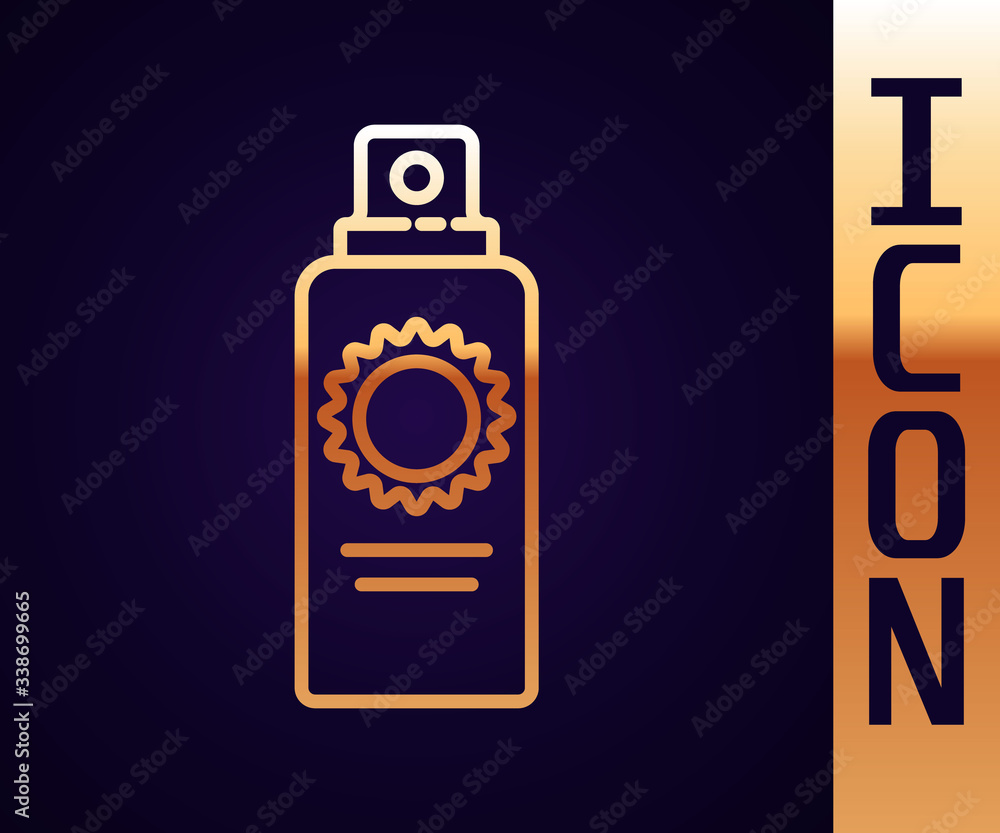 Gold line Sunscreen spray bottle icon isolated on black background. Protection for the skin from sol