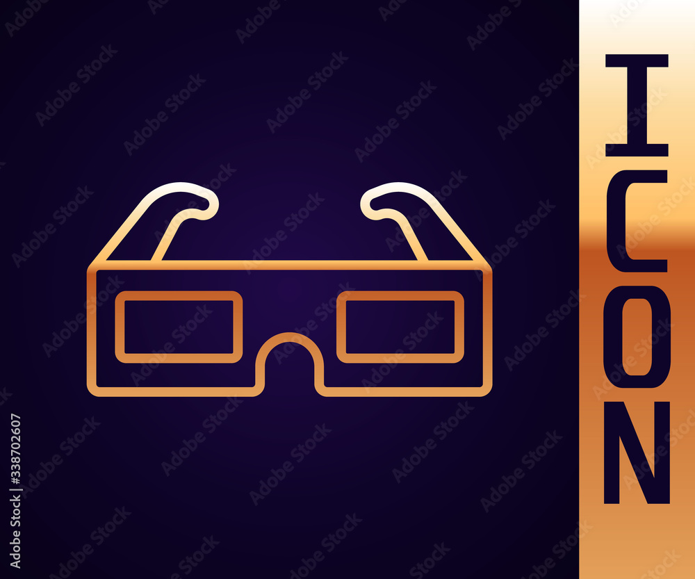 Gold line 3D cinema glasses icon isolated on black background.  Vector Illustration