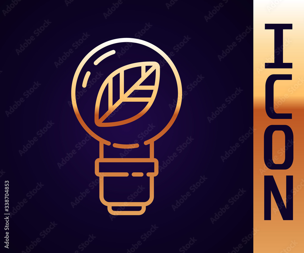 Gold line Light bulb with leaf icon isolated on black background. Eco energy concept. Alternative en