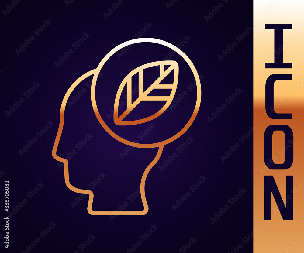 Gold line Human head with leaf inside icon isolated on black background.  Vector Illustration