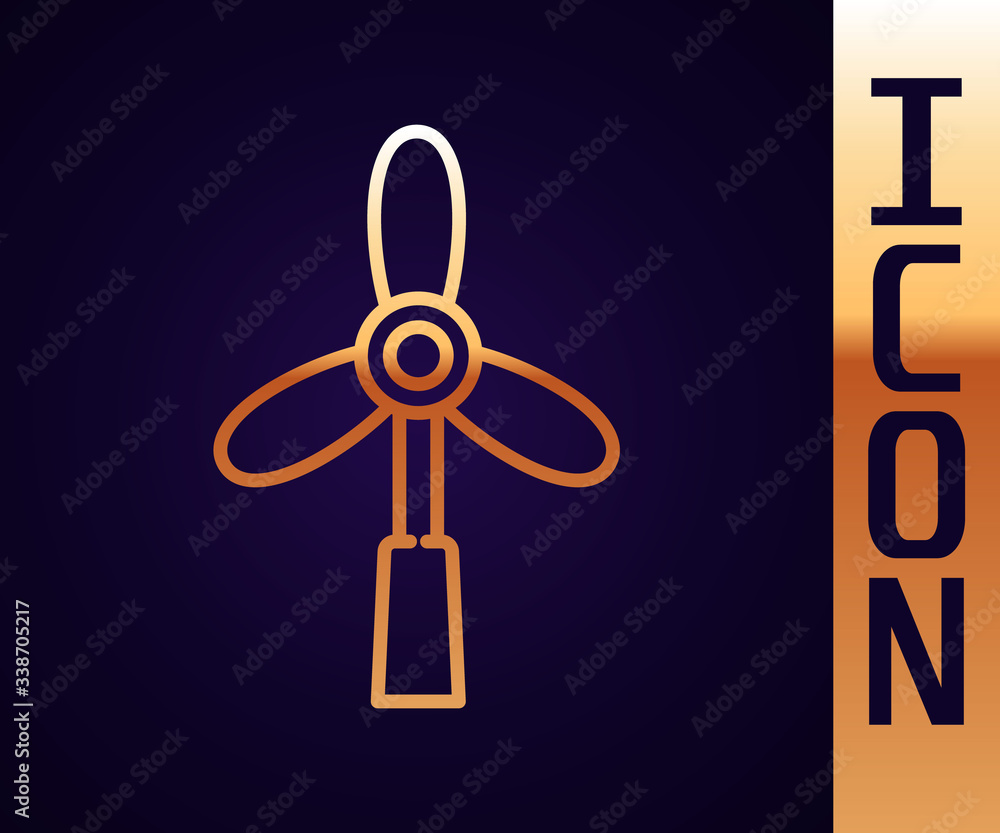 Gold line Wind turbine icon isolated on black background. Wind generator sign. Windmill for electric