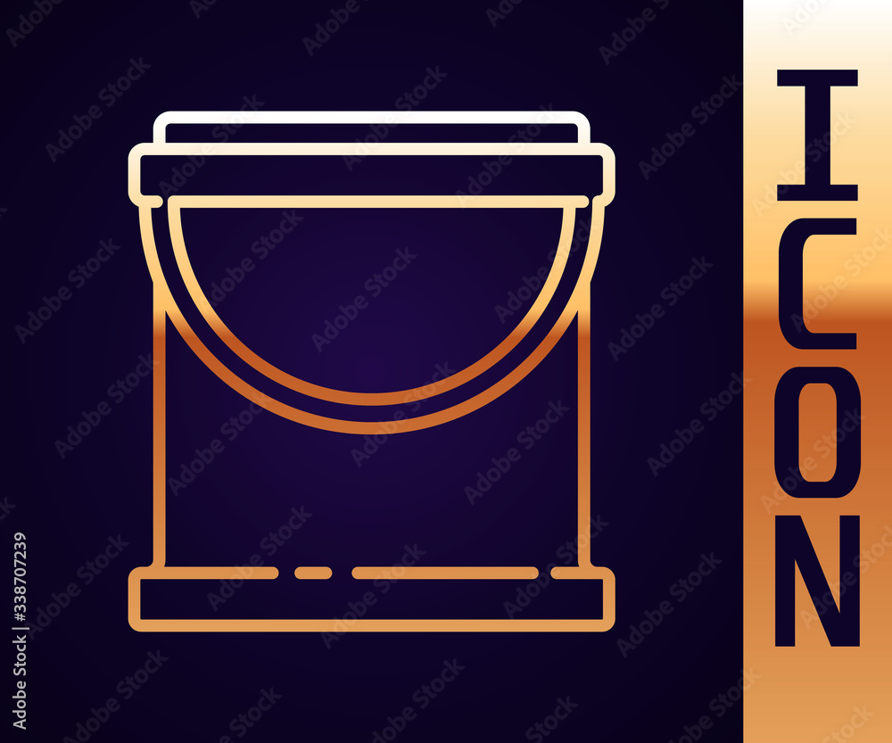 Gold line Paint bucket icon isolated on black background.  Vector Illustration