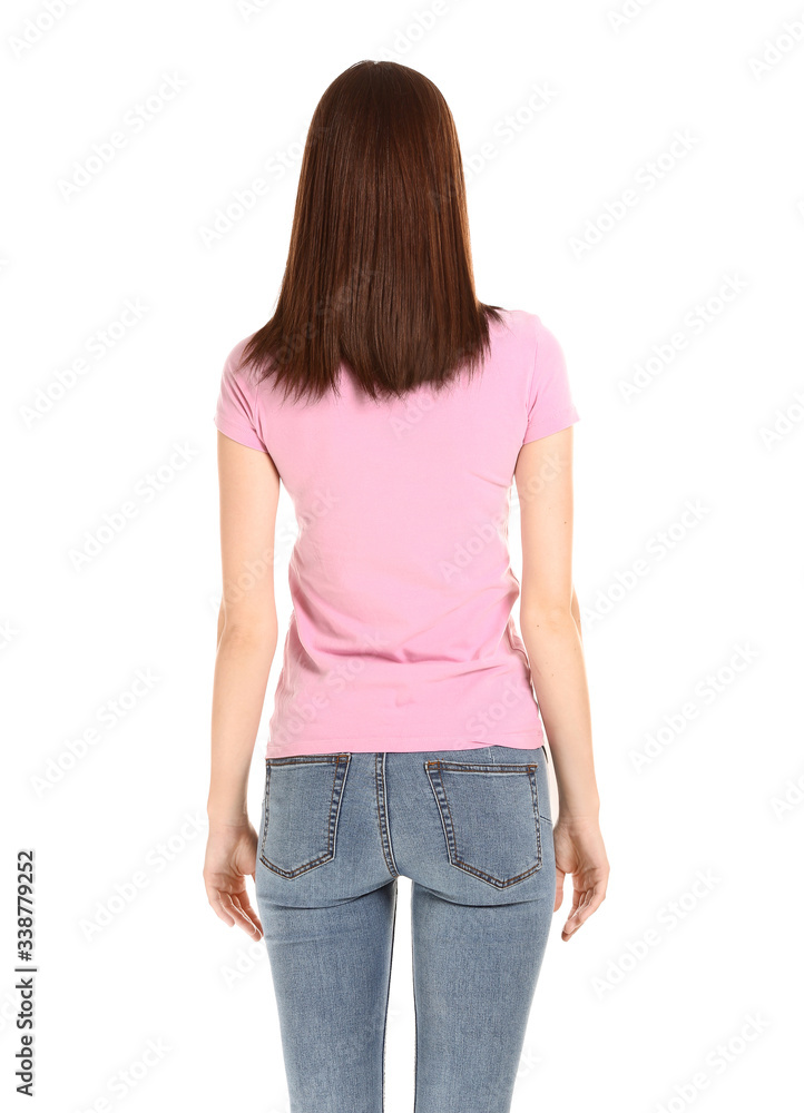 Woman in stylish t-shirt on white background