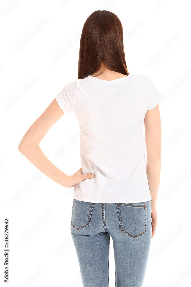 Woman in stylish t-shirt on white background