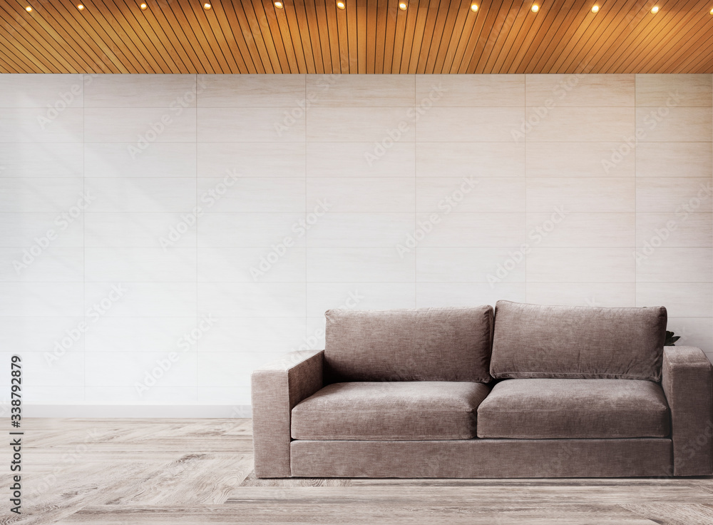 Sofa by a tiled wall