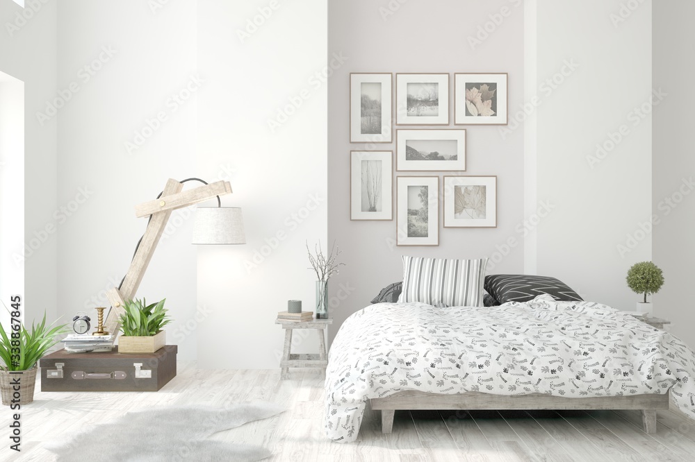 White bedroom interior. Scandinavian design. 3D illustration