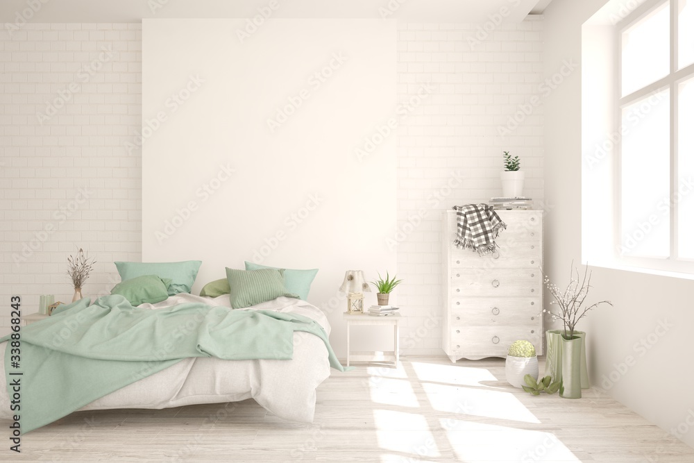 White bedroom interior. Scandinavian design. 3D illustration