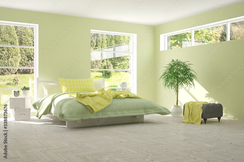 Green bedroom interior. Scandinavian design. 3D illustration