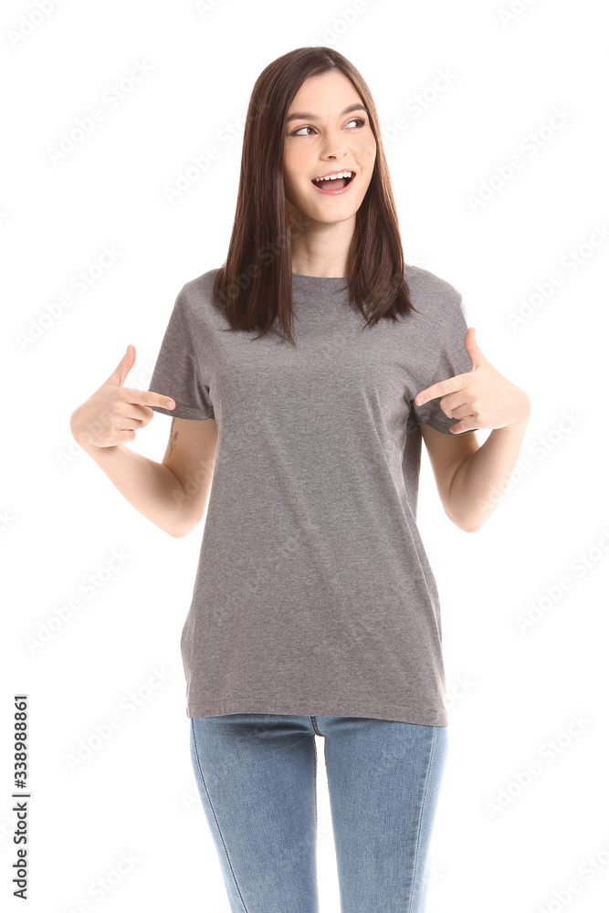 Woman in stylish t-shirt on white background