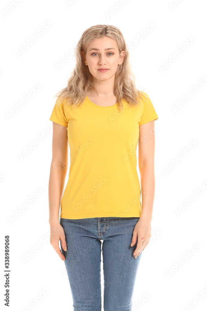 Woman in stylish t-shirt on white background