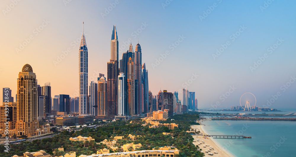 Amazing Dubai Marina skyline at sunset, United Arab Emirates