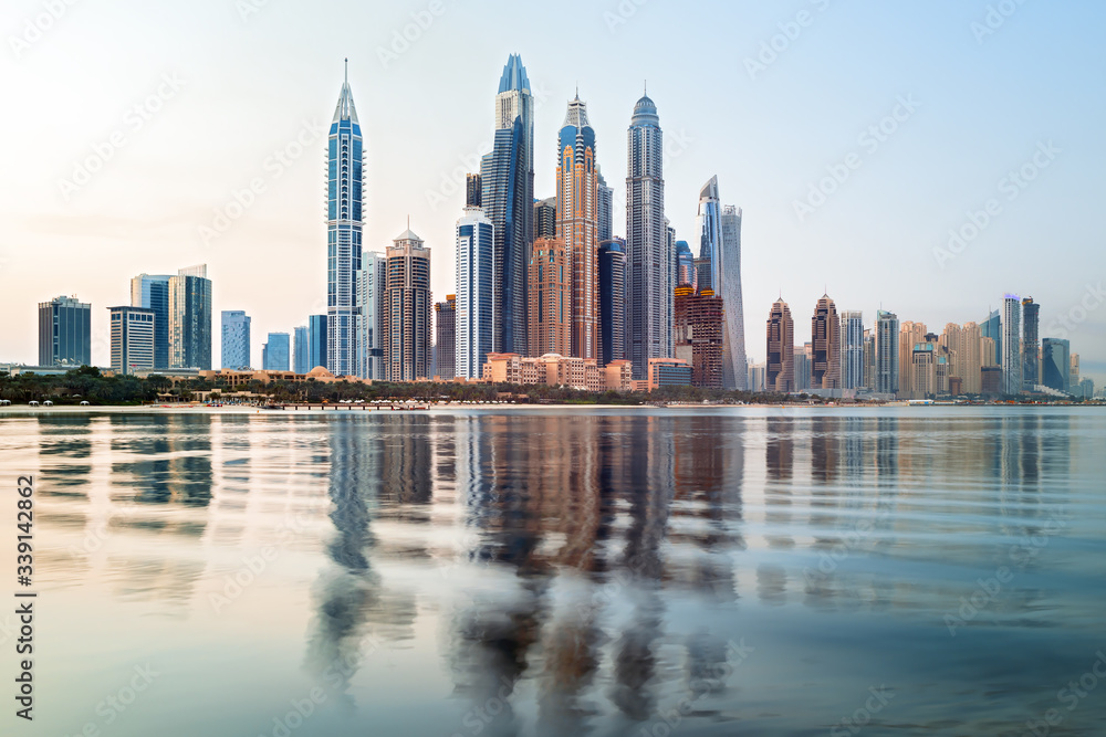 Dubai Marina and famous Jumeirah beach at sunrise, United Arab Emirates