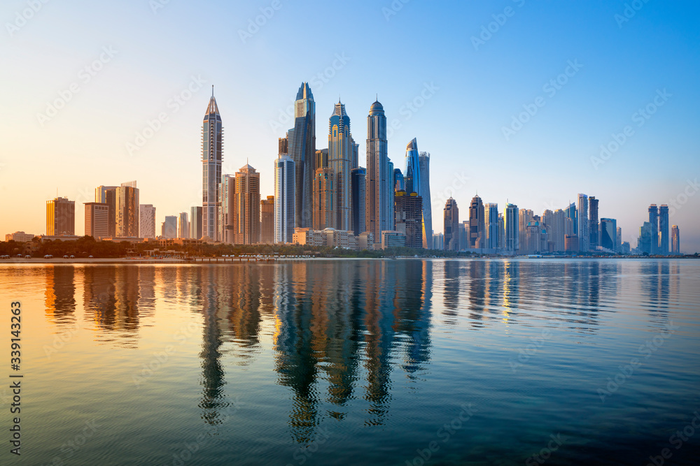 Dubai Marina and famous Jumeirah beach at sunrise, United Arab Emirates