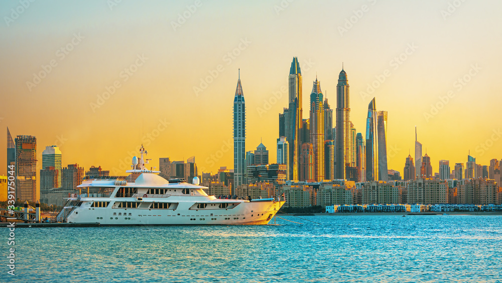 Amazing Dubai Marina skyline at sunset, United Arab Emirates
