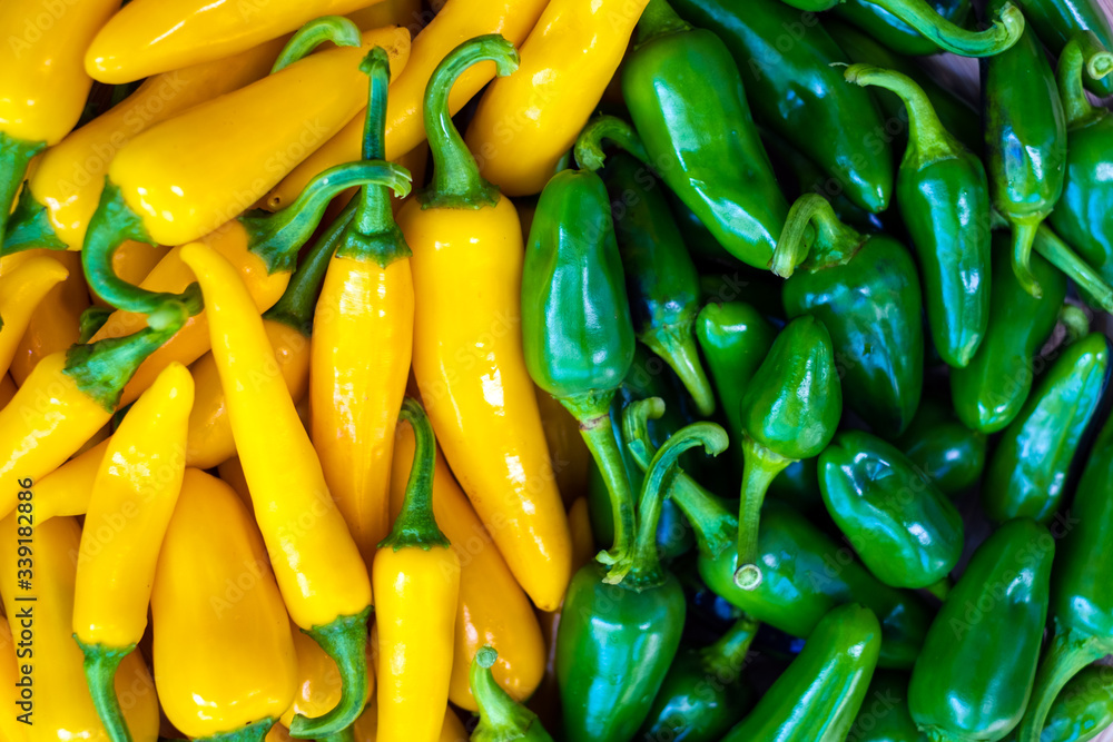 Yellow and green hot peppers closeup. Food photography