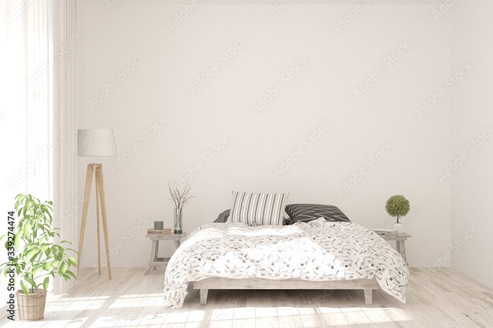 White bedroom interior. Scandinavian design. 3D illustration