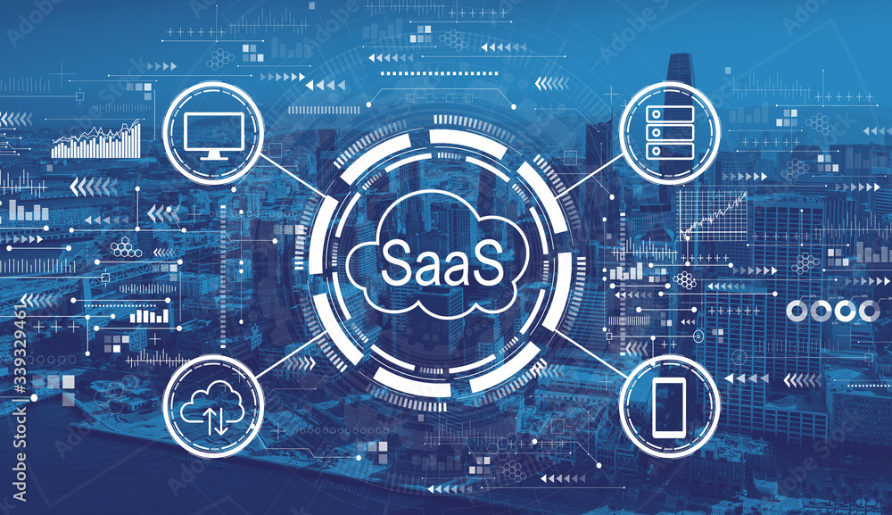 SaaS-软件即服务概念，旧金山市中心天际线建筑