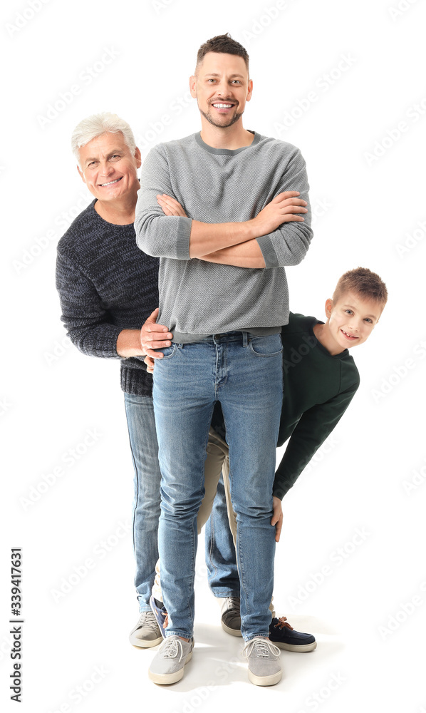 Man with his father and son on white background