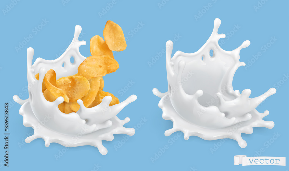 Milk splash and corn flakes. 3d realistic vector objects, food illustration