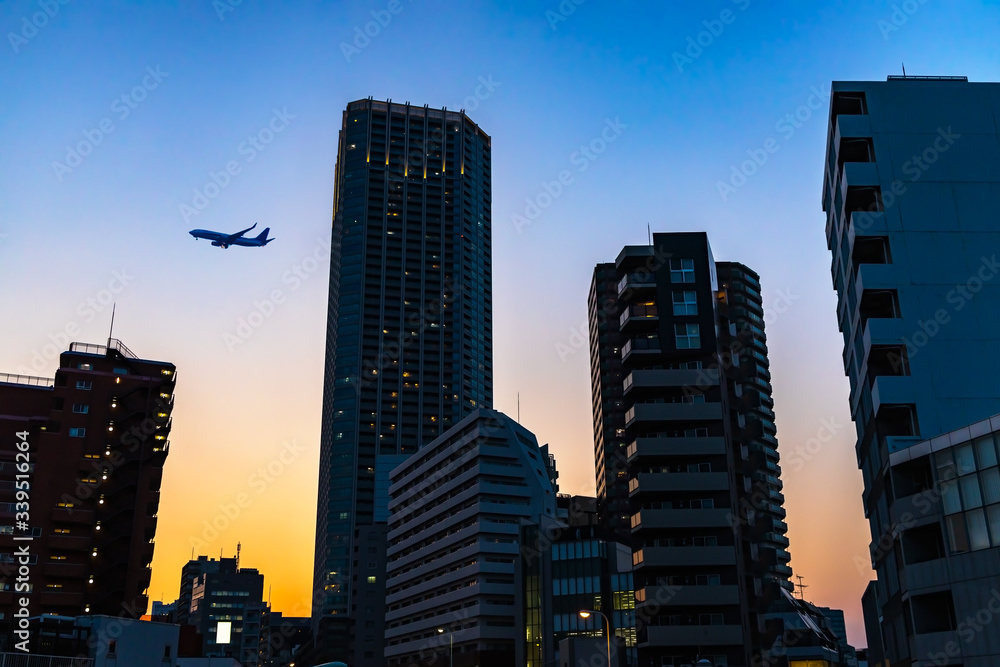 東京の夕暮れの空と飛行機