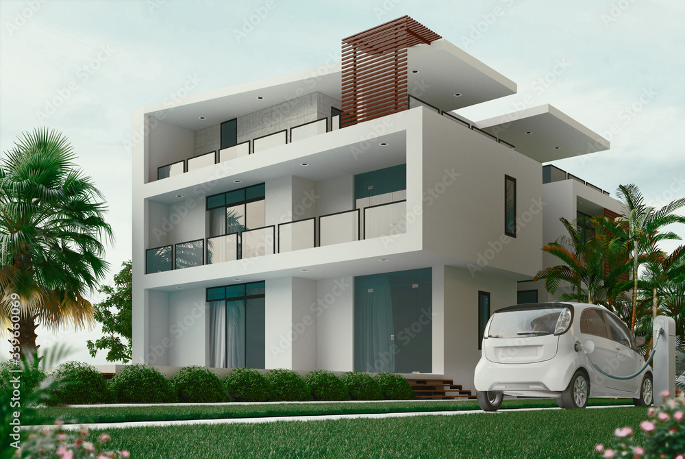 Beautiful modern ecologic house, outdoors. 3d rendering