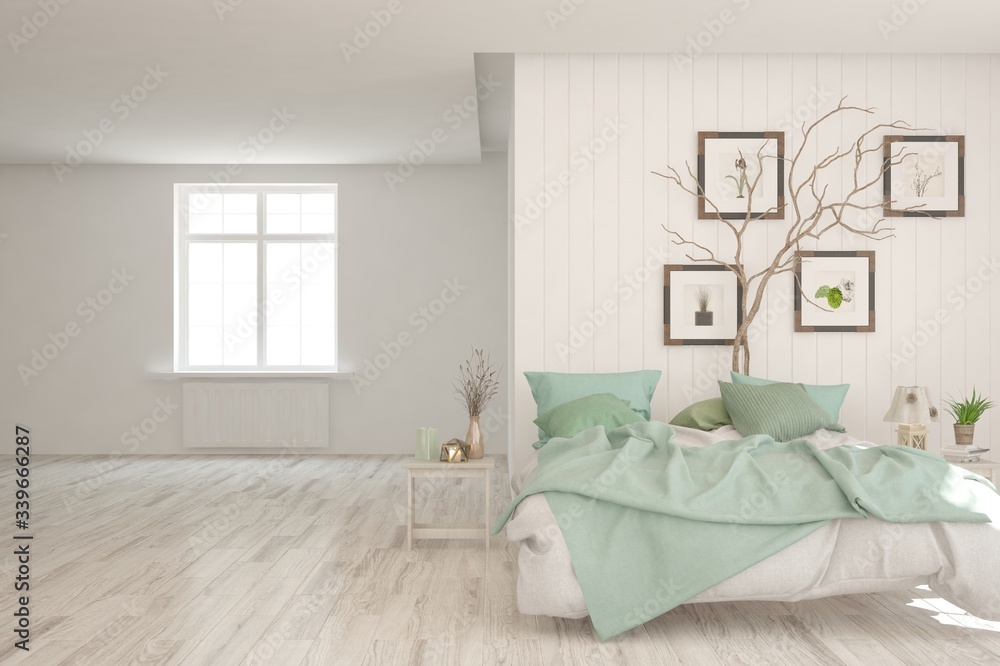 White bedroom interior. Scandinavian design. 3D illustration