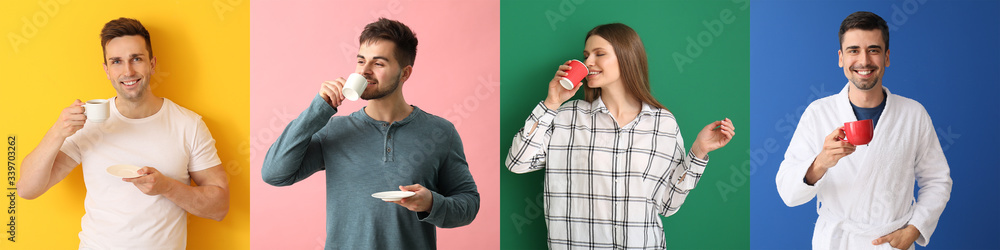 Collage of photos with young people drinking hot coffee