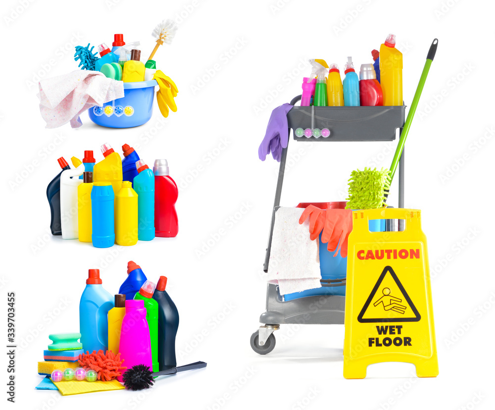 Set of cleaning supplies on white background