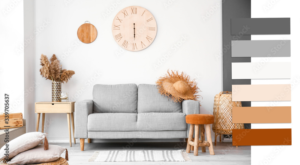 Interior of beautiful modern living room. Different color patterns