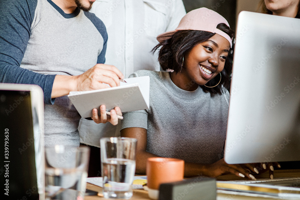 Diverse startup team working together