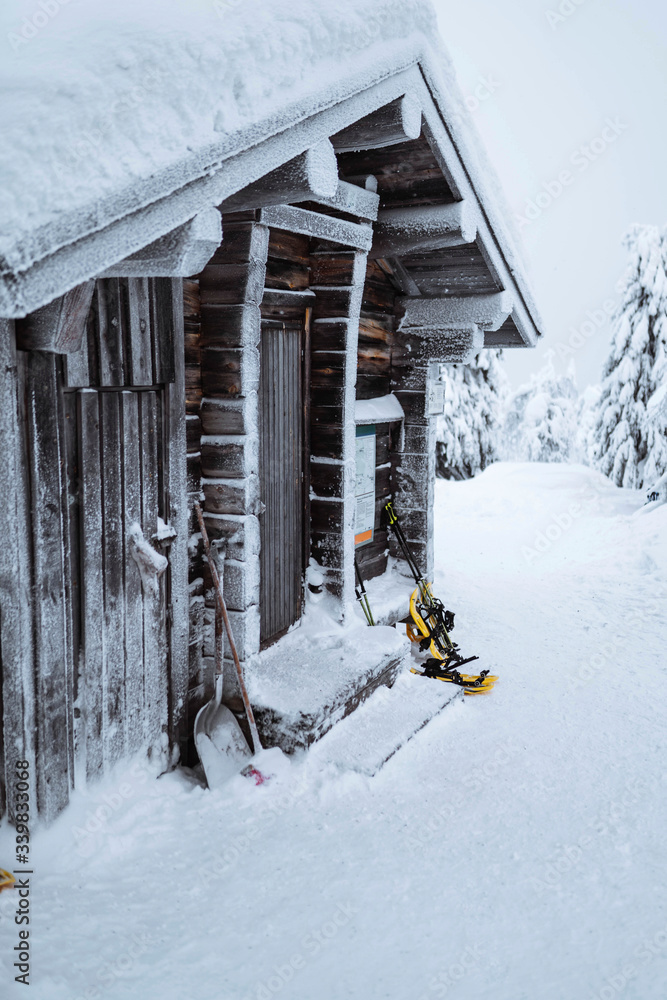 Wooden cabin in a snowy forest in Finland