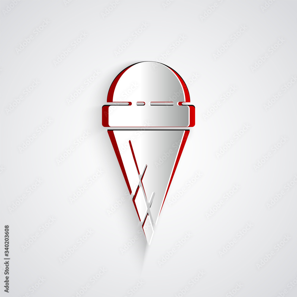 Paper cut Ice cream in waffle cone icon isolated on grey background. Sweet symbol. Paper art style. 