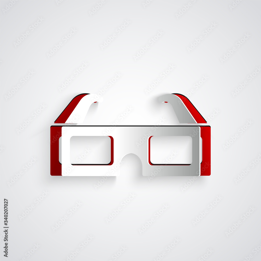 Paper cut 3D cinema glasses icon isolated on grey background. Paper art style. Vector Illustration