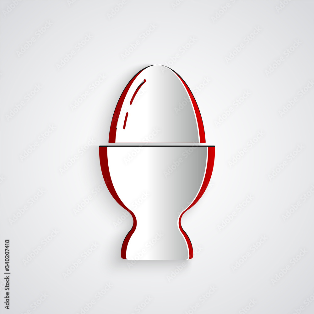 Paper cut Easter egg on a stand icon isolated on grey background. Happy Easter. Paper art style. Vec