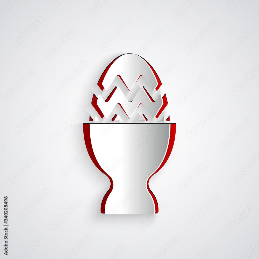 Paper cut Easter egg on a stand icon isolated on grey background. Happy Easter. Paper art style. Vec