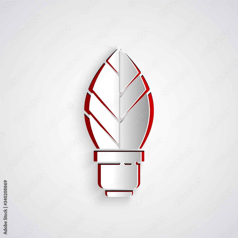 Paper cut Light bulb with leaf icon isolated on grey background. Eco energy concept. Alternative ene