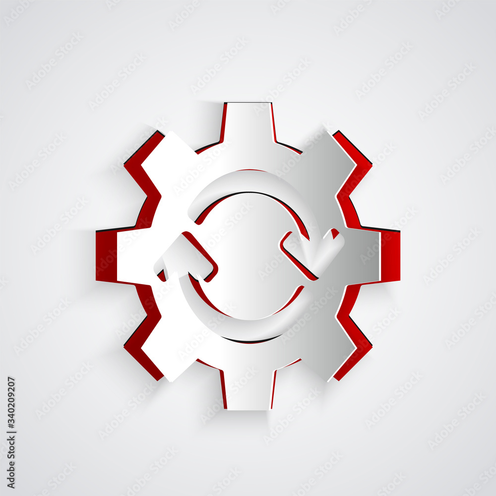 Paper cut Gear and arrows as workflow concept icon isolated on grey background. Gear reload sign. Pa