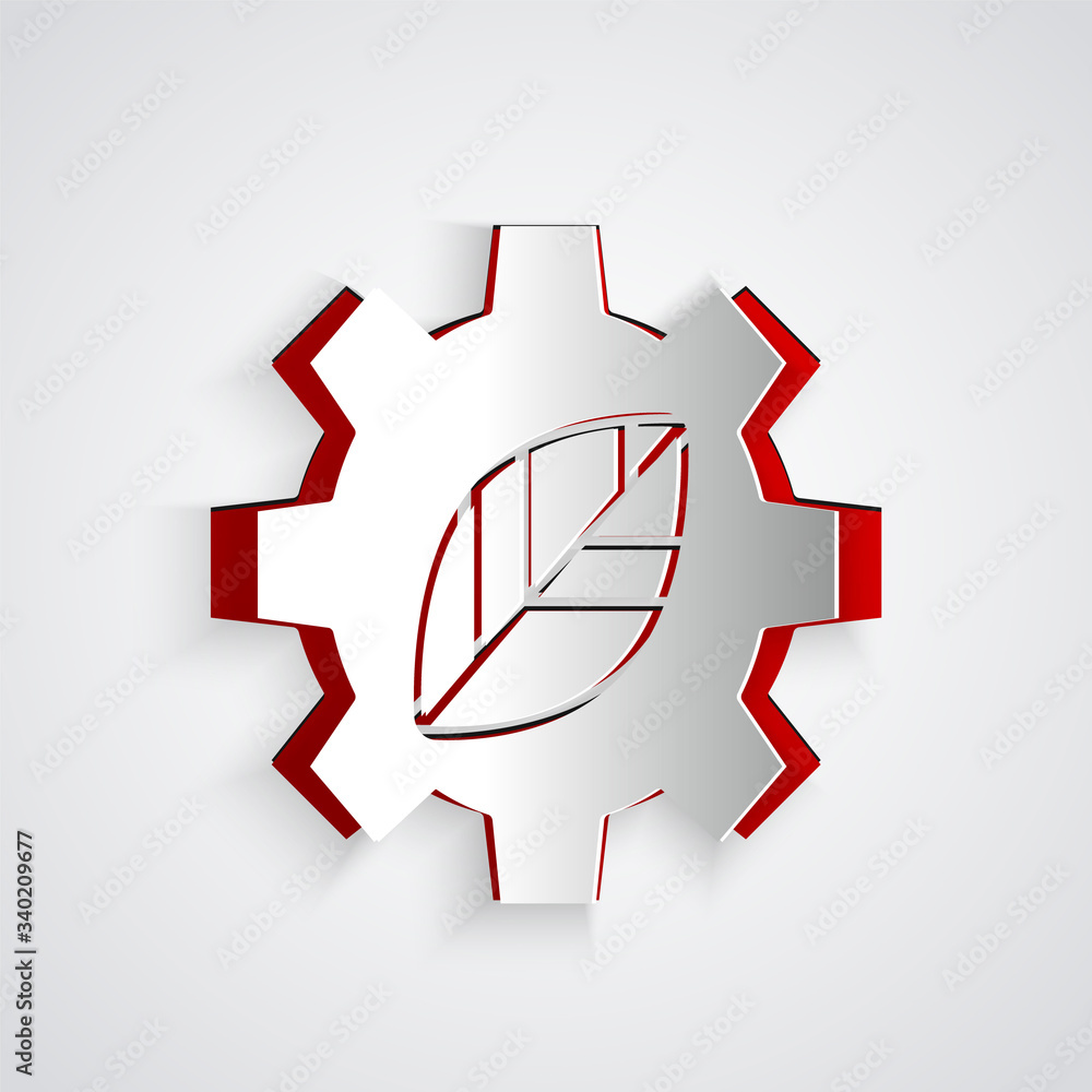 Paper cut Leaf plant ecology in gear machine icon isolated on grey background. Eco friendly technolo