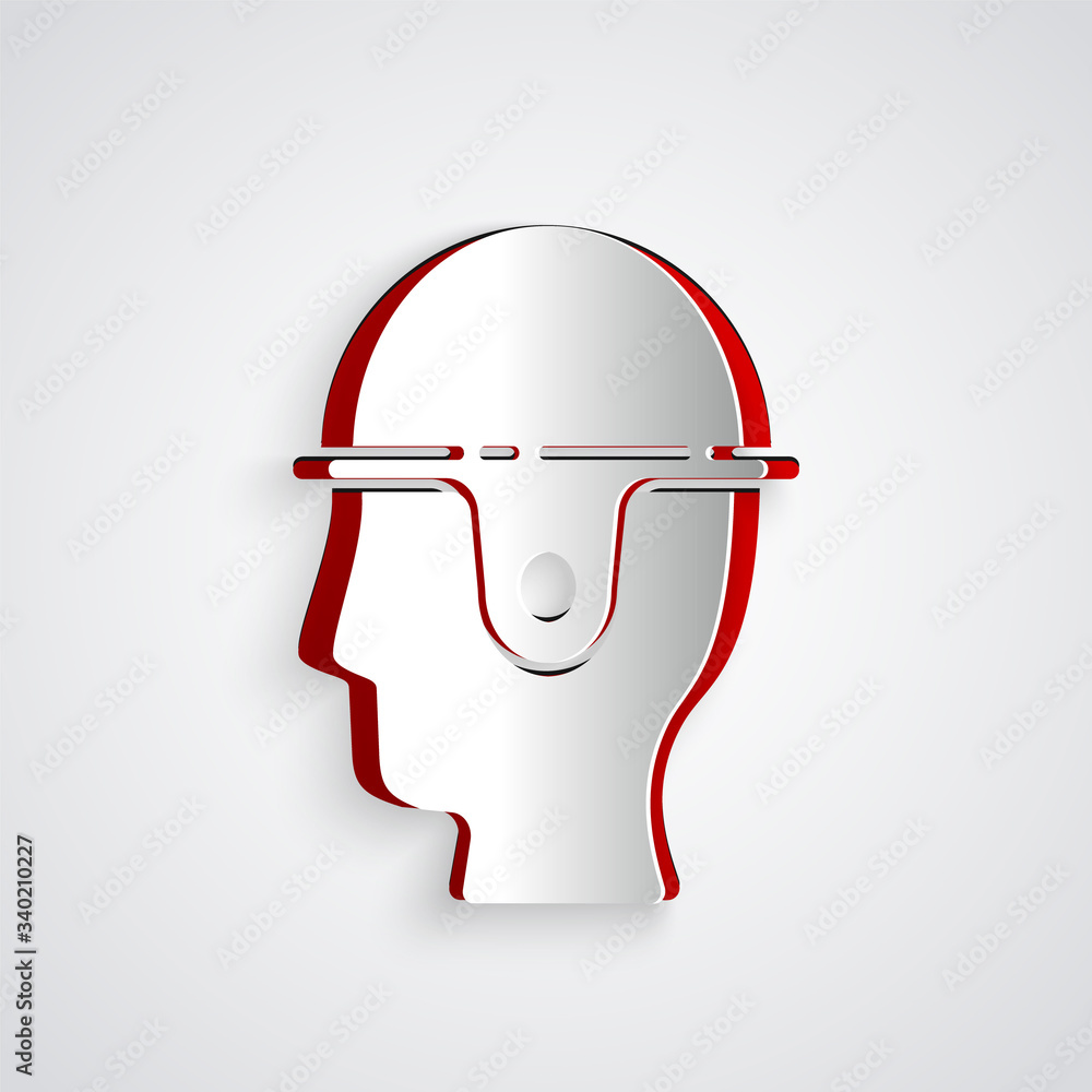 Paper cut Worker safety helmet icon isolated on grey background. Paper art style. Vector Illustratio