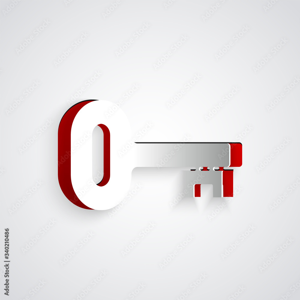 Paper cut Old key icon isolated on grey background. Paper art style. Vector Illustration